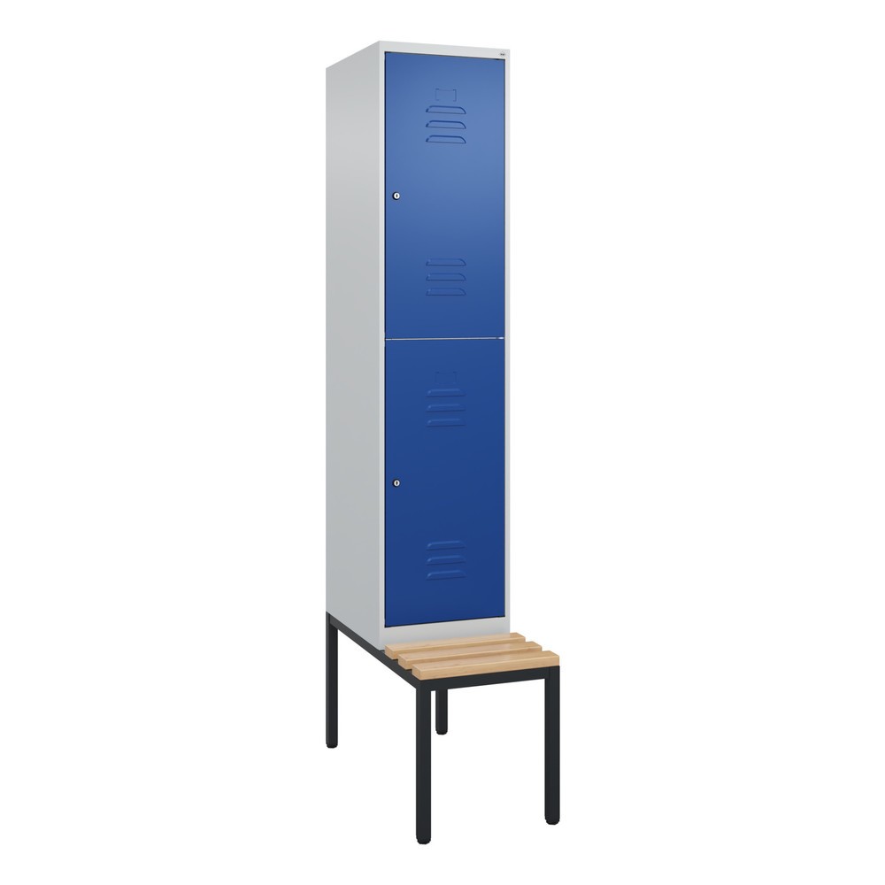 Produktabbildung: C+P Doppelstock-Spind Classic PLUS, 1 Abteil, HxBxT 2.120 x 400 x 815 mm, Zylinderschloss, untergebaute Bank aus Buche, lichtgrau, enzianblau