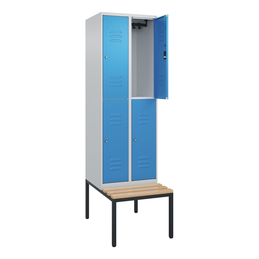 Produktabbildung: C+P Doppelstock-Spind Classic PLUS, 2 Abteile, HxBxT 2.120 x 600 x 815 mm, Zylinderschloss, untergebaute Bank aus Buche, lichtgrau, lichtblau