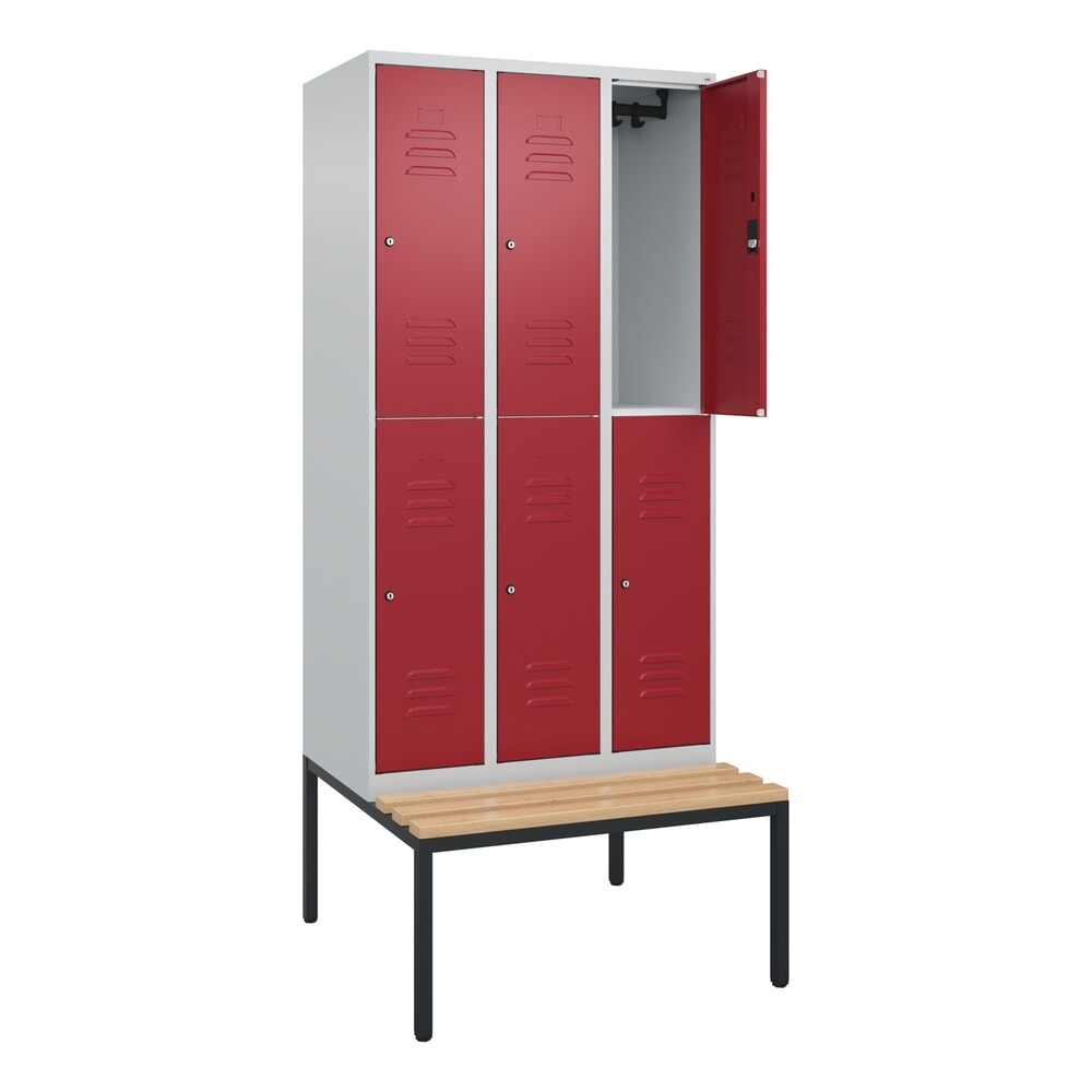 Produktabbildung: C+P Doppelstock-Spind Classic PLUS, 3 Abteile, HxBxT 2.120 x 900 x 815 mm, Zylinderschloss, untergebaute Bank aus Buche, lichtgrau, rubinrot