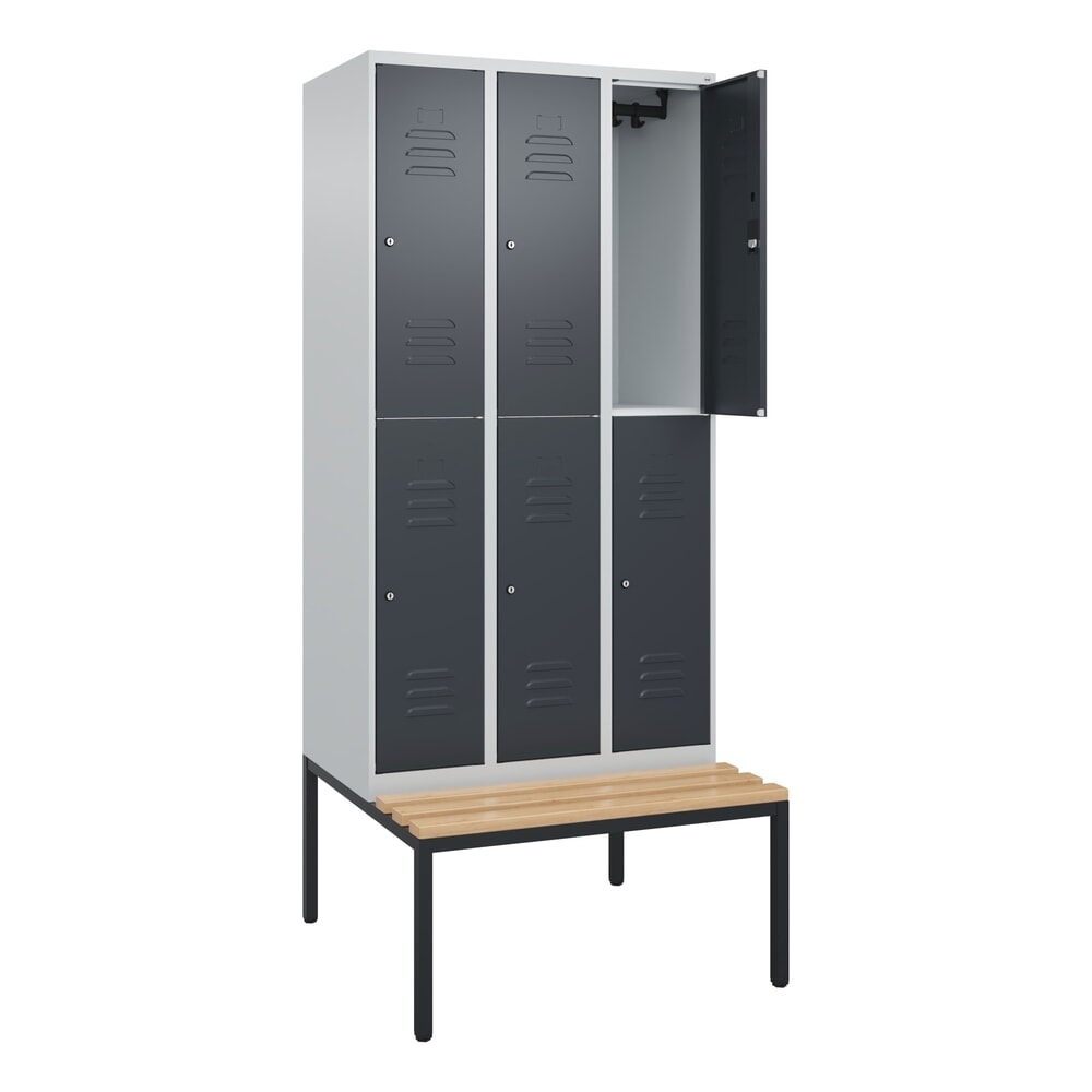 Produktabbildung: C+P Doppelstock-Spind Classic PLUS, 3 Abteile, HxBxT 2.120 x 900 x 815 mm, Zylinderschloss, untergebaute Bank aus Buche, lichtgrau, anthrazitgrau
