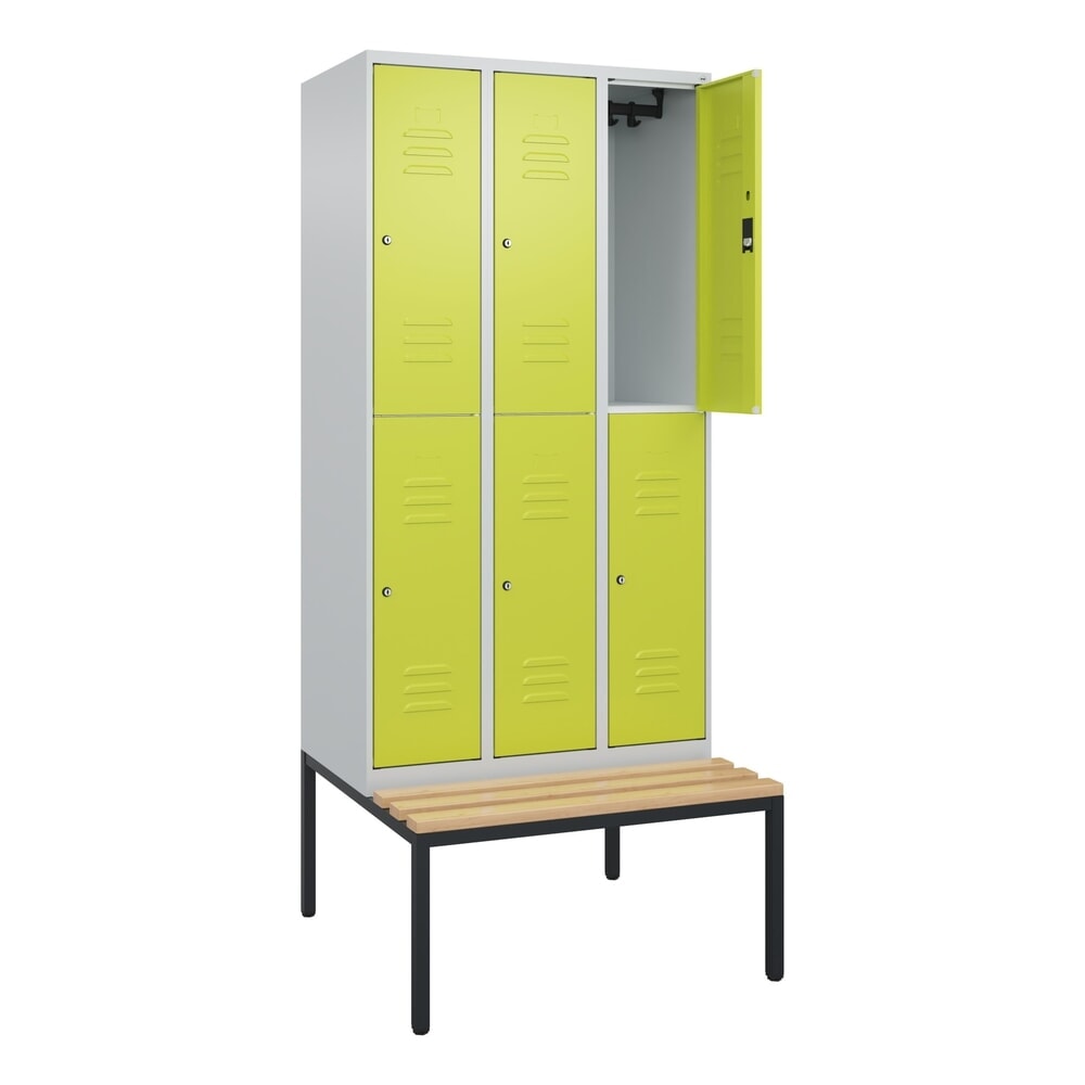 Produktabbildung: C+P Doppelstock-Spind Classic PLUS, 3 Abteile, HxBxT 2.120 x 900 x 815 mm, Zylinderschloss, untergebaute Bank aus Buche, lichtgrau, clowngrün