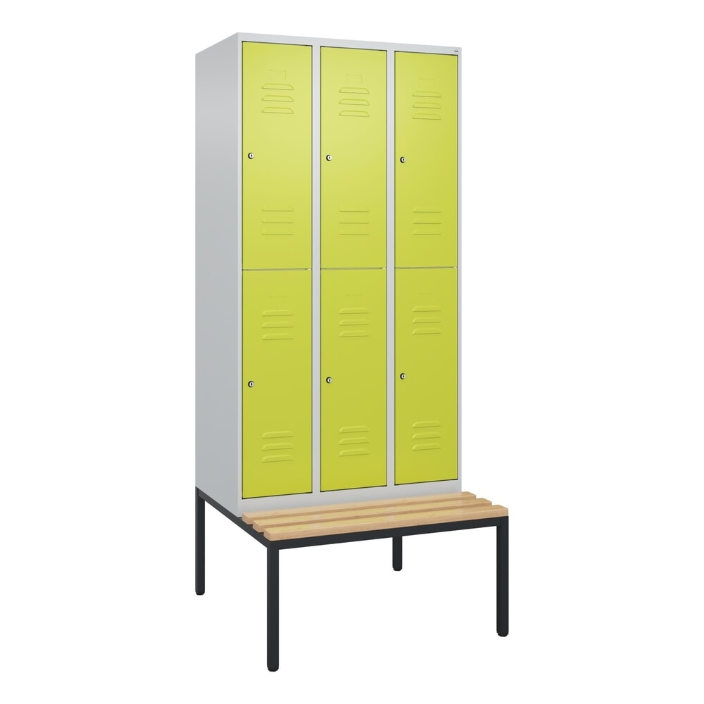 Produktabbildung Nr. 9: C+P Doppelstock-Spind Classic PLUS, 3 Abteile, HxBxT 2.120 x 900 x 815 mm, Zylinderschloss, untergebaute Bank aus Buche, lichtgrau, clowngrün