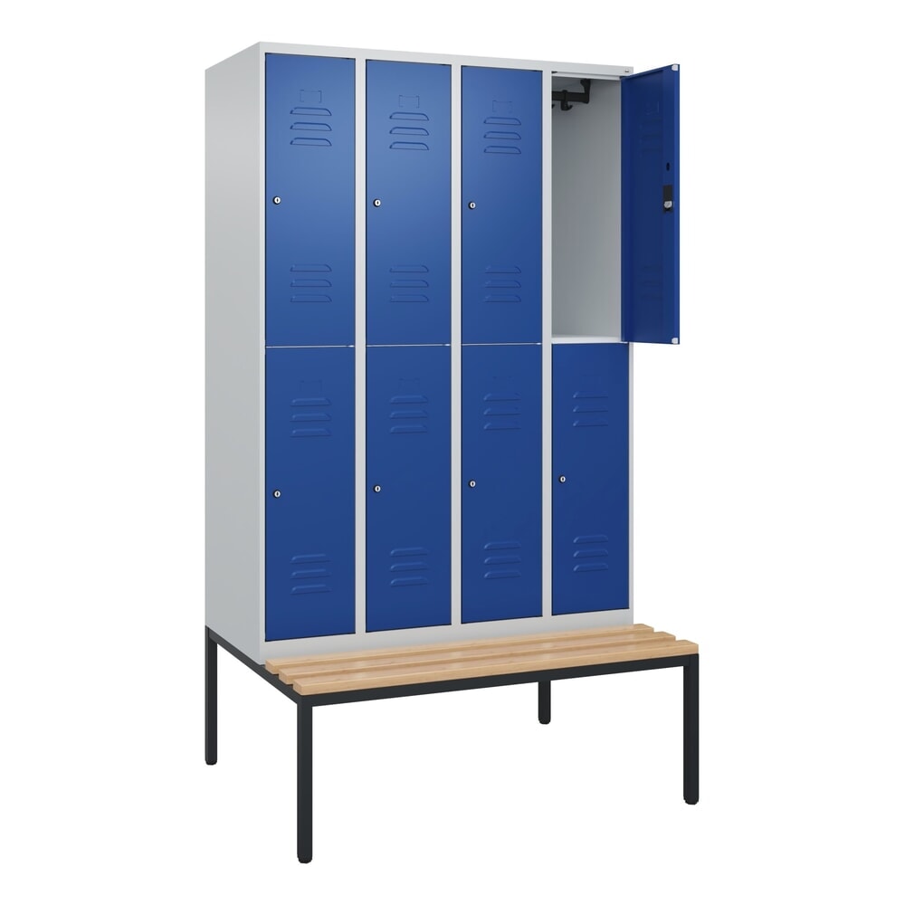 C+P Doppelstock-Spind Classic PLUS, 4 Abteile, HxBxT 2.120 x 1.200 x 815 mm, Zylinderschloss, untergebaute Bank aus Buche, lichtgrau, enzianblau Produktabbildung Nr. 1: C+P Doppelstock-Spind Classic PLUS, 4 Abteile, HxBxT 2.120 x 1.200 x 815 mm, Zylinderschloss, untergebaute Bank aus Buche, lichtgrau, enzianblau