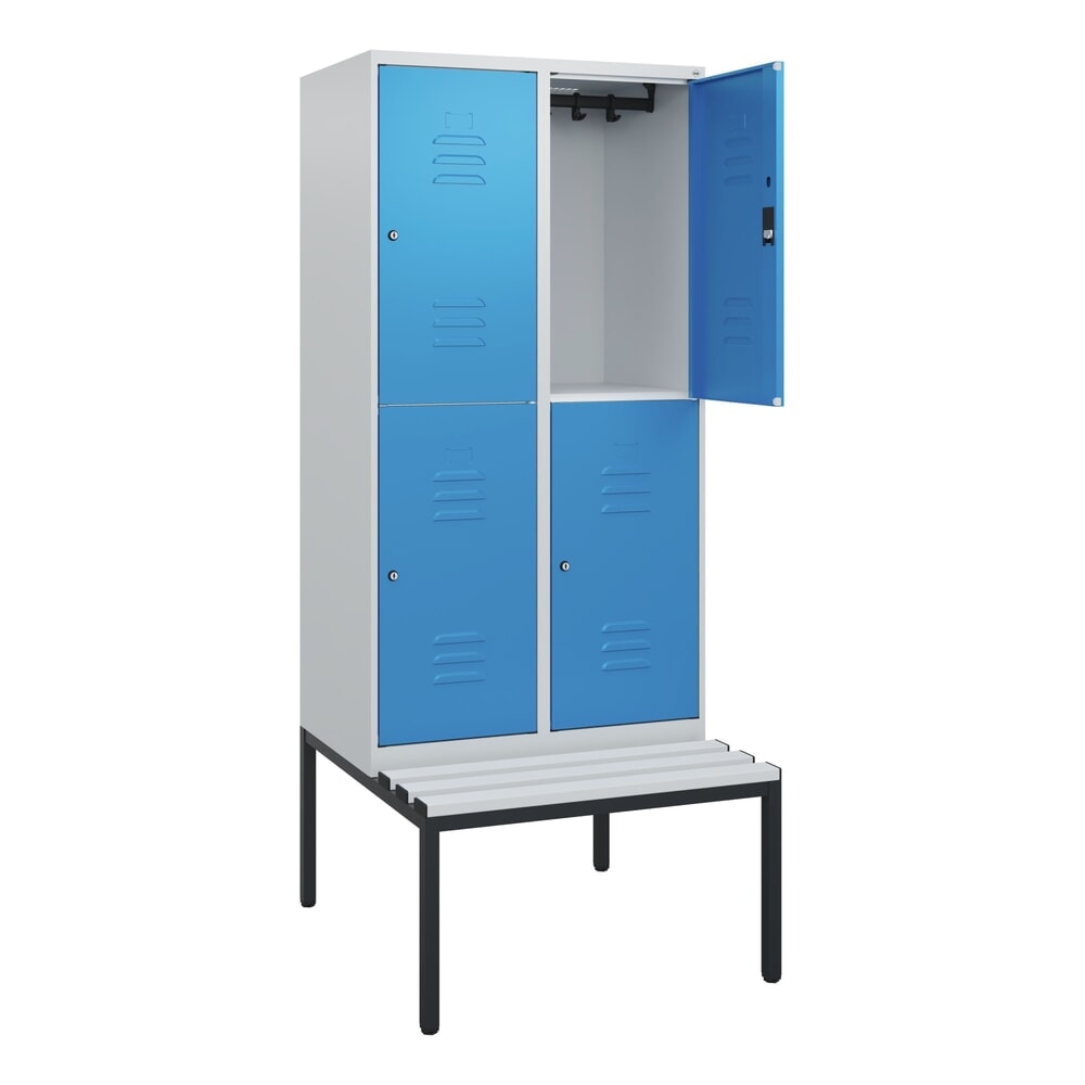 Produktabbildung: C+P Doppelstock-Spind Classic PLUS, 2 Abteile, HxBxT 1.950 x 800 x 815 mm, Zylinderschloss, untergebaute Bank aus Kunststoff, lichtgrau, lichtblau