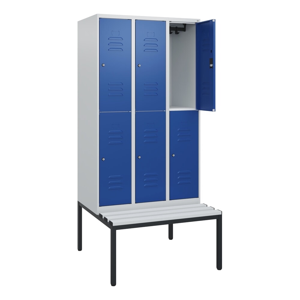 C+P Doppelstock-Spind Classic PLUS, 3 Abteile, HxBxT 1.950 x 900 x 815 mm, Zylinderschloss, untergebaute Bank aus Kunststoff, lichtgrau, enzianblau Produktabbildung: C+P Doppelstock-Spind Classic PLUS, 3 Abteile, HxBxT 1.950 x 900 x 815 mm, Zylinderschloss, untergebaute Bank aus Kunststoff, lichtgrau, enzianblau