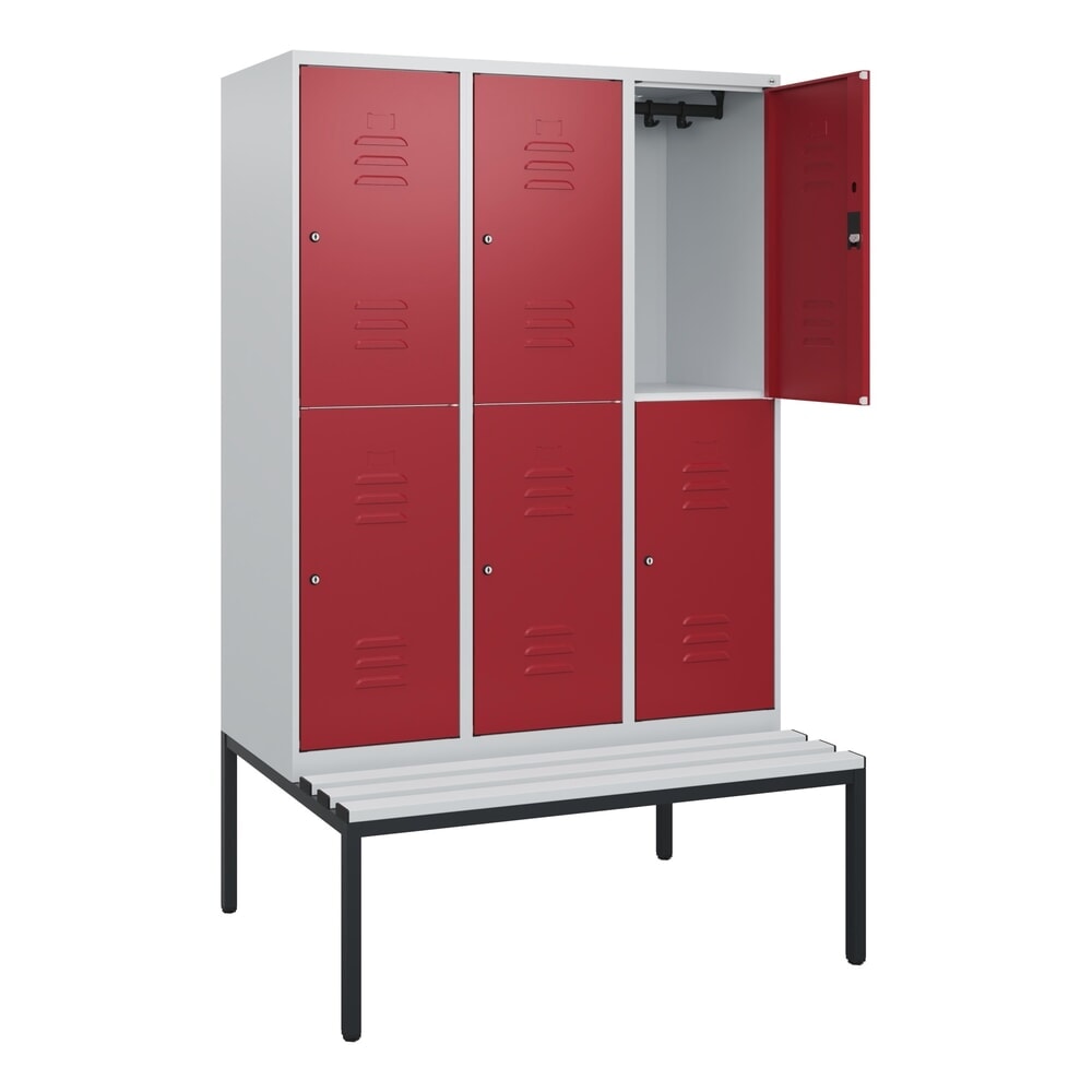 Produktabbildung: C+P Doppelstock-Spind Classic PLUS, 3 Abteile, HxBxT 1.950 x 1.200 x 815 mm, Zylinderschloss, untergebaute Bank aus Kunststoff, lichtgrau, rubinrot