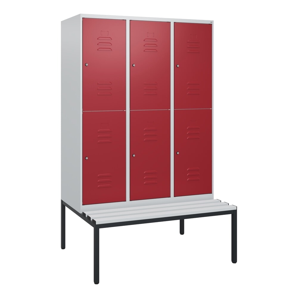Produktabbildung Nr. 9: C+P Doppelstock-Spind Classic PLUS, 3 Abteile, HxBxT 1.950 x 1.200 x 815 mm, Zylinderschloss, untergebaute Bank aus Kunststoff, lichtgrau, rubinrot
