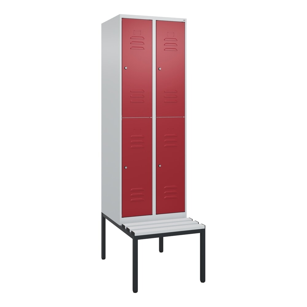 N° de l'image du produit 9 : C+P Doppelstock-Spind Classic PLUS, 2 Abteile, HxBxT 2.120 x 600 x 815 mm, Zylinderschloss, untergebaute Bank aus Kunststoff, lichtgrau, rubinrot