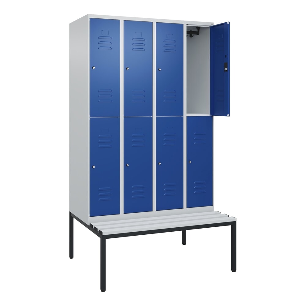 C+P Doppelstock-Spind Classic PLUS, 4 Abteile, HxBxT 2.120 x 1.200 x 815 mm, Zylinderschloss, untergebaute Bank aus Kunststoff, lichtgrau, enzianblau Produktabbildung: C+P Doppelstock-Spind Classic PLUS, 4 Abteile, HxBxT 2.120 x 1.200 x 815 mm, Zylinderschloss, untergebaute Bank aus Kunststoff, lichtgrau, enzianblau
