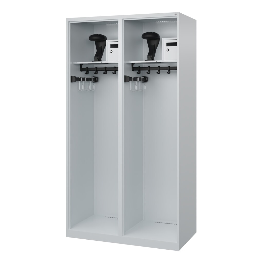 Produktabbildung: C+P Feuerwehrspind FLEXO, Bodengleiter, 2 Abteile, HxBxT 1.850 x 1.000 x 500 mm, lichtgrau, mit Helmhalter