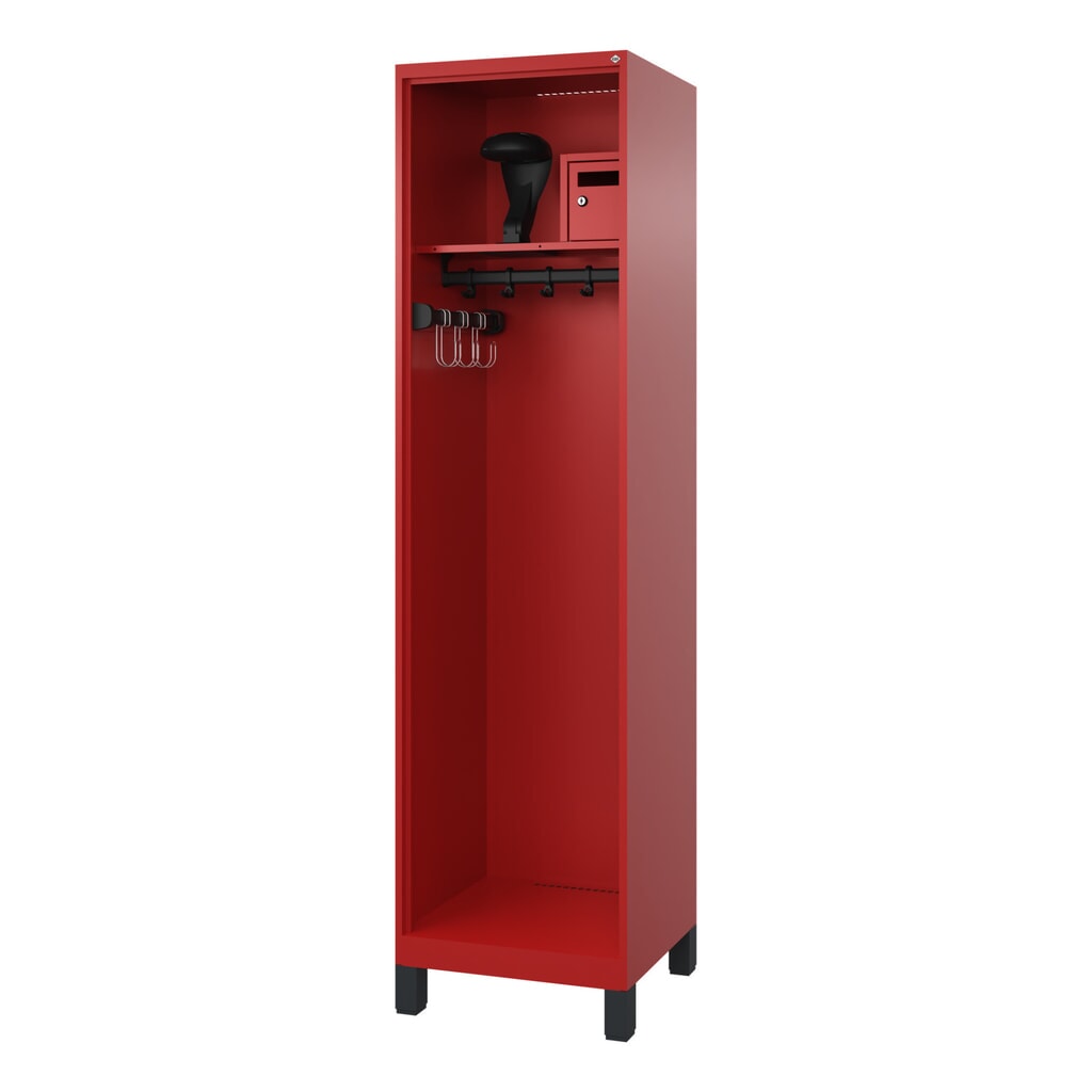 Produktabbildung: C+P Feuerwehrspind FLEXO, Füße, 1 Abteil, HxBxT 1.850 x 500 x 500 mm, feuerrot, mit Helmhalter