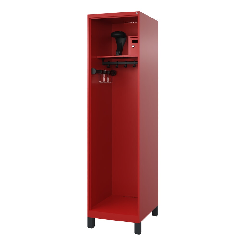 C+P Feuerwehrspind FLEXO, Füße, 1 Abteil, HxBxT 1.850 x 500 x 600 mm, feuerrot, mit Helmhalter Produktabbildung: C+P Feuerwehrspind FLEXO, Füße, 1 Abteil, HxBxT 1.850 x 500 x 600 mm, feuerrot, mit Helmhalter
