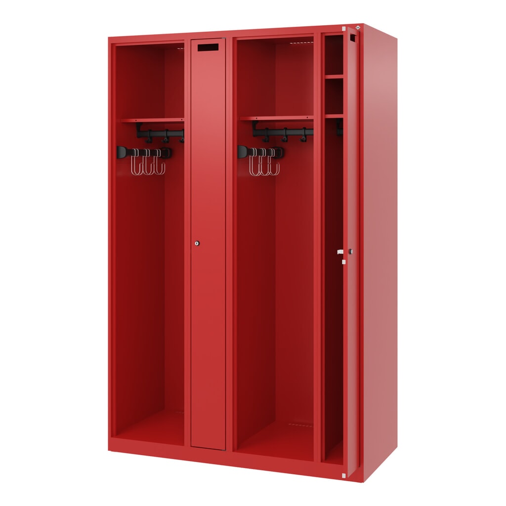 C+P Feuerwehrspind KOMBI, Bodengleiter, 2 Abteile, HxBxT 1.850 x 1.200 x 500 mm, feuerrot Produktabbildung: C+P Feuerwehrspind KOMBI, Bodengleiter, 2 Abteile, HxBxT 1.850 x 1.200 x 500 mm, feuerrot