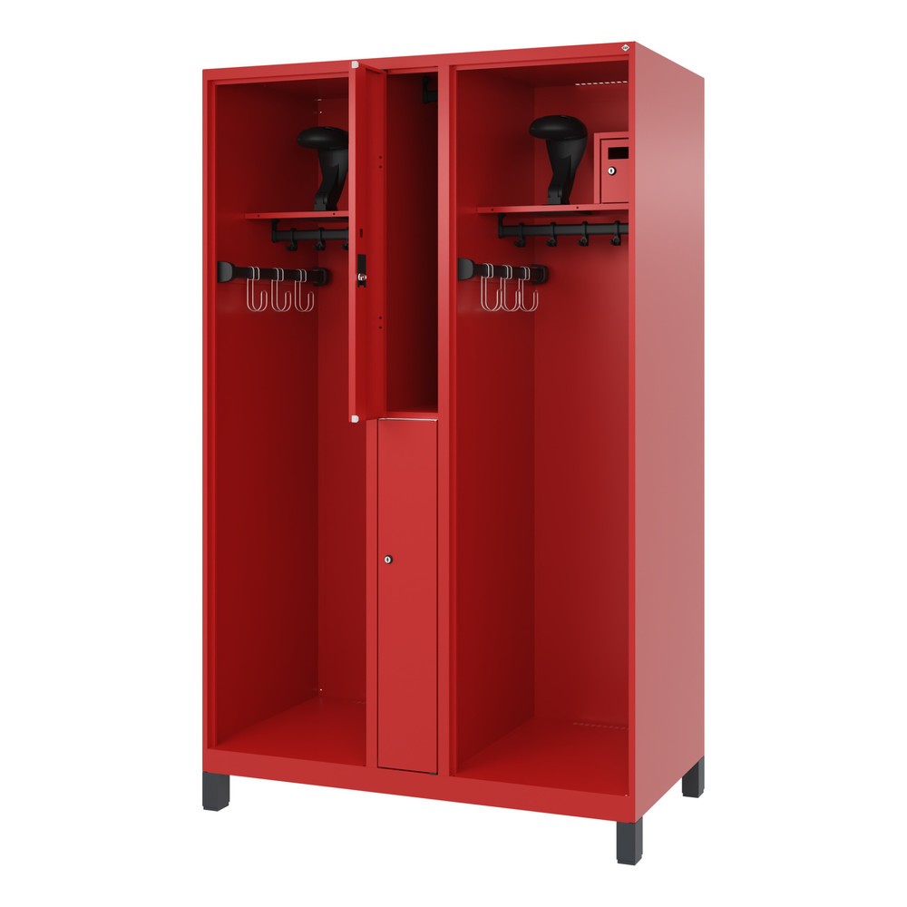 Produktabbildung: C+P Feuerwehrspind MAXI, Füße, HxBxT 1.850 x 1.200 x 600 mm, feuerrot, mit Helmhalter