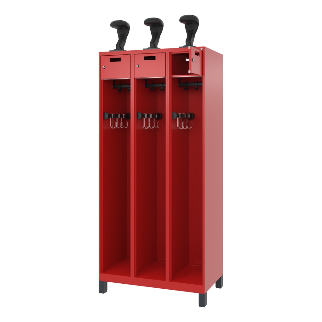 C+P Feuerwehrspind PRAKTUS, Füße, 3 Abteile, HxBxT 1.850 x 900 x 500 mm, feuerrot, mit Helmhalter Produktabbildung: C+P Feuerwehrspind PRAKTUS, Füße, 3 Abteile, HxBxT 1.850 x 900 x 500 mm, feuerrot, mit Helmhalter