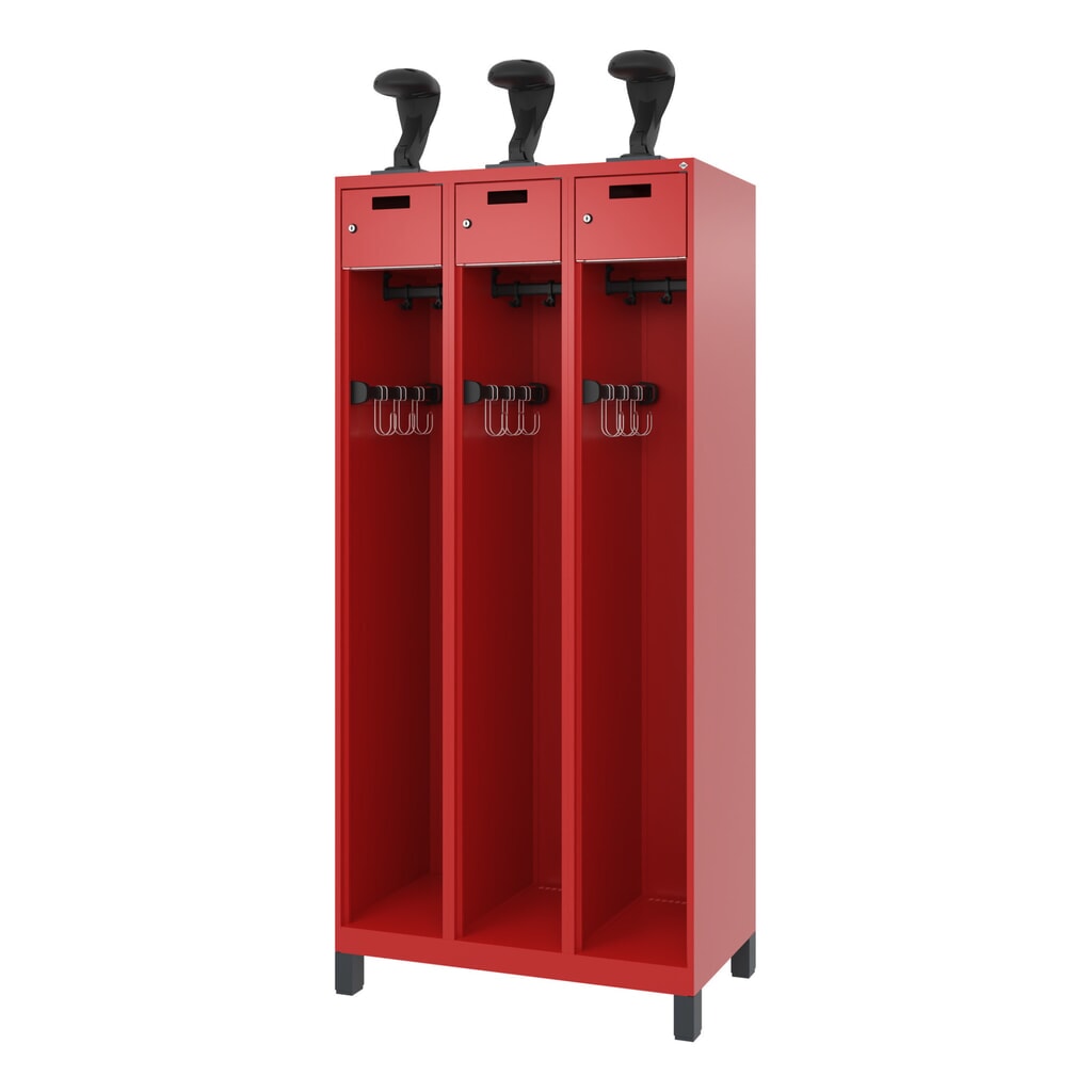 C+P Feuerwehrspind PRAKTUS, Füße, 3 Abteile, HxBxT 1.850 x 900 x 500 mm, feuerrot, mit Helmhalter Produktabbildung Nr. 5: C+P Feuerwehrspind PRAKTUS, Füße, 3 Abteile, HxBxT 1.850 x 900 x 500 mm, feuerrot, mit Helmhalter
