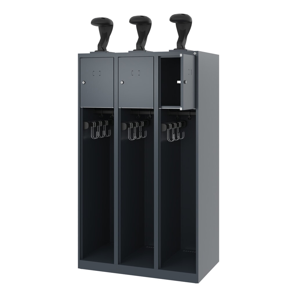 C+P Feuerwehrspind YOUNGSTER, Bodengleiter, 3 Abteile, HxBxT 1.530 x 900 x 500 mm, anthrazitgrau, mit Helmhalter Produktabbildung: C+P Feuerwehrspind YOUNGSTER, Bodengleiter, 3 Abteile, HxBxT 1.530 x 900 x 500 mm, anthrazitgrau, mit Helmhalter