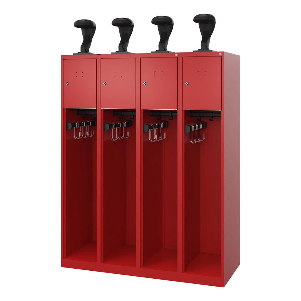 C+P Feuerwehrspind YOUNGSTER, Bodengleiter, 4 Abteile, HxBxT 1.530 x 1.200 x 500 mm, feuerrot, mit Helmhalter Produktabbildung: C+P Feuerwehrspind YOUNGSTER, Bodengleiter, 4 Abteile, HxBxT 1.530 x 1.200 x 500 mm, feuerrot, mit Helmhalter