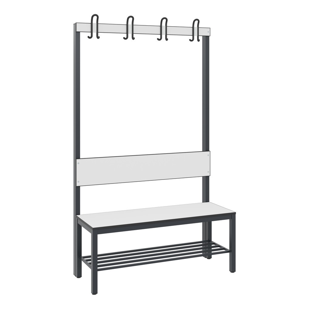 Product afbeelding: C+P kleedkamerbank Basic Plus, lengte 1.000 mm, eenzijdig, met rugleuning, 4 dubbele haken, incl. schoenenrek, zwartgrijs/wit
