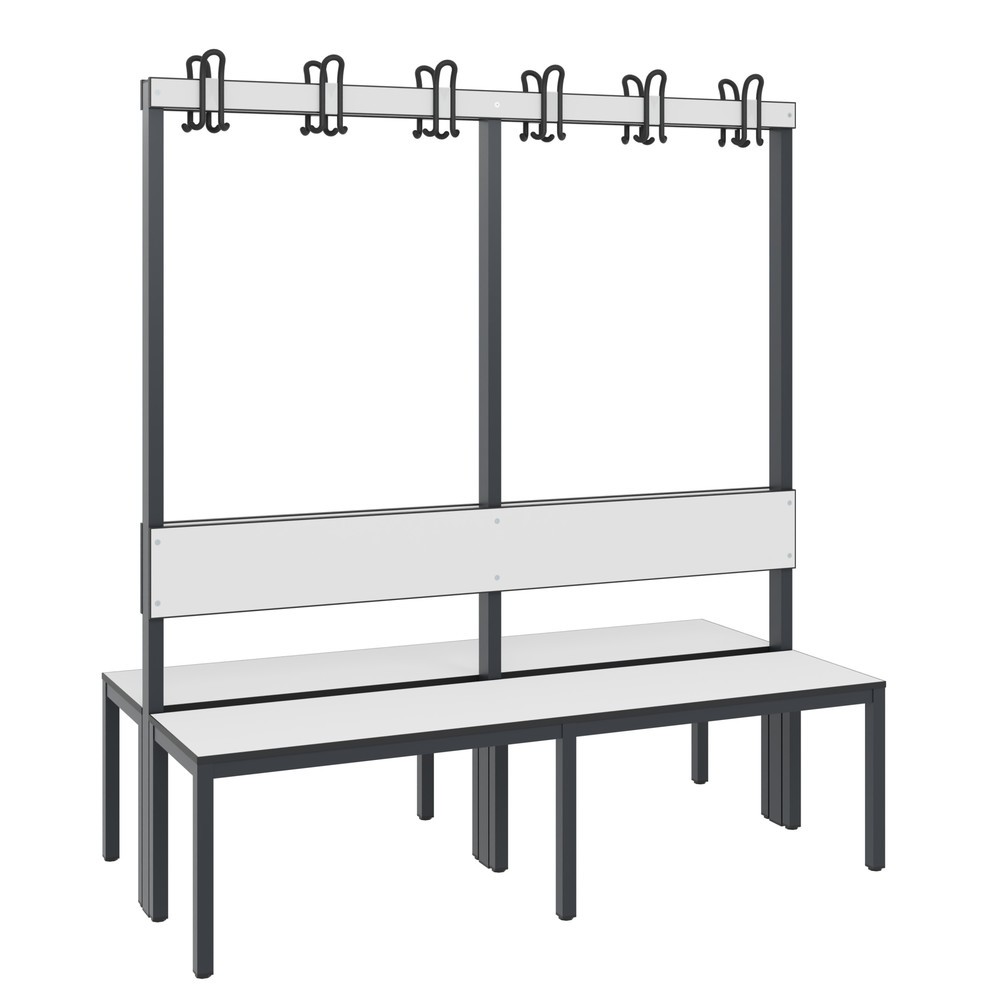 Product afbeelding: C+P kleedkamerbank Basic Plus, lengte 1.500 mm, dubbelzijdig, met rugleuning, 2x6 dubbele haken, zwartgrijs/wit