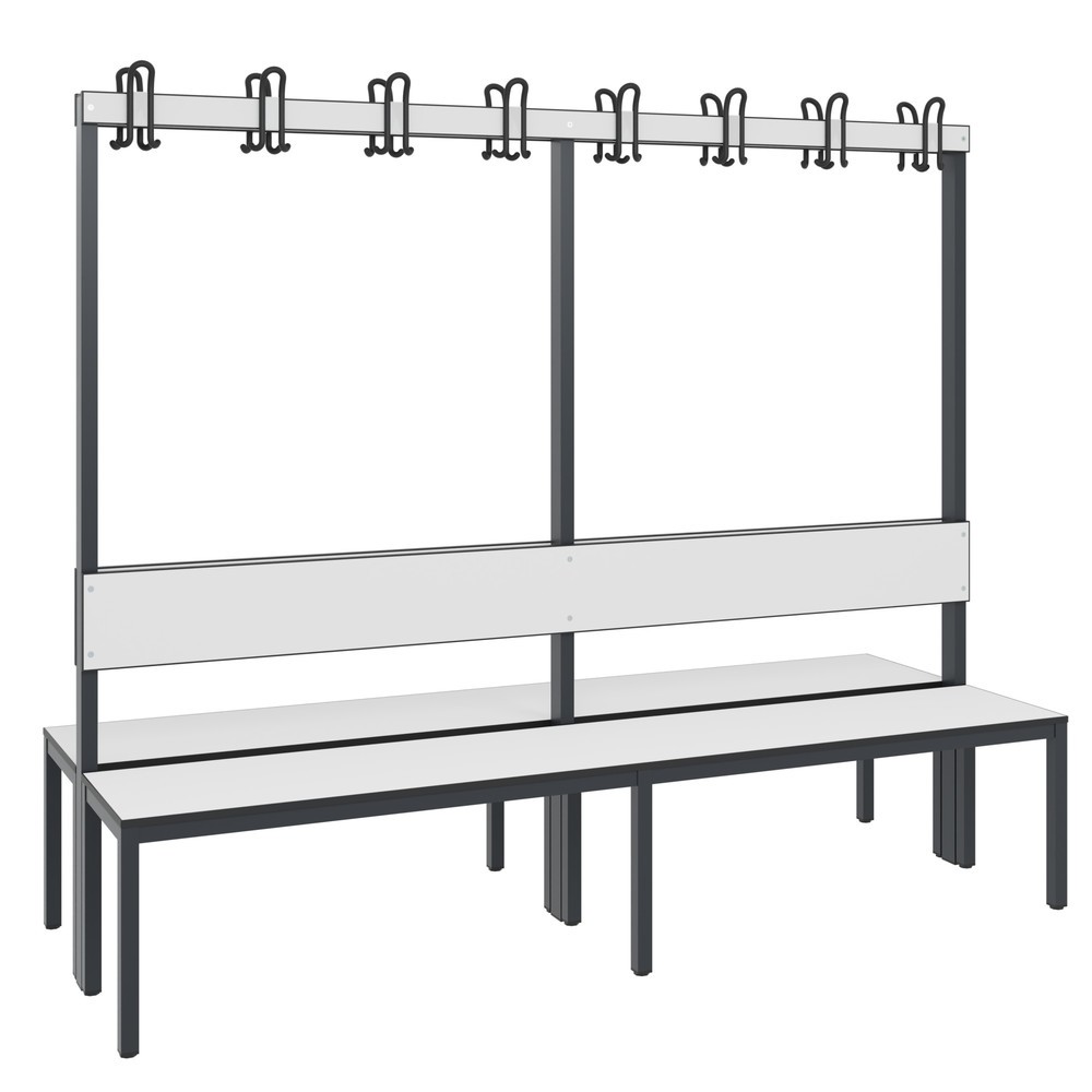 Product afbeelding: C+P kleedkamerbank Basic Plus, lengte 1.960 mm, dubbelzijdig, met rugleuning, 2x8 dubbele haken, zwartgrijs/wit