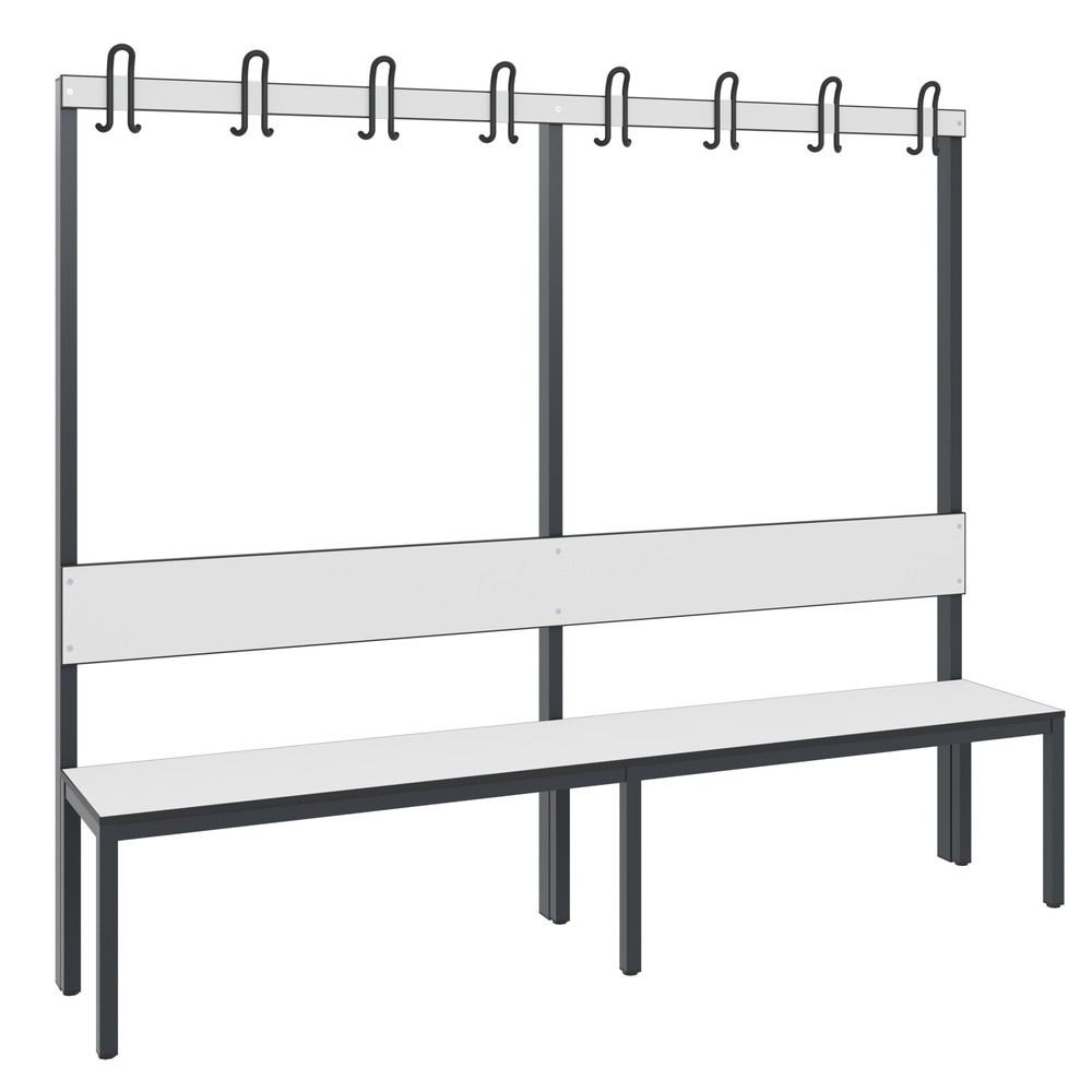Product afbeelding: C+P kleedkamerbank Basic Plus, lengte 1.960 mm, eenzijdig, met rugleuning, 8 dubbele haken, zwartgrijs/wit