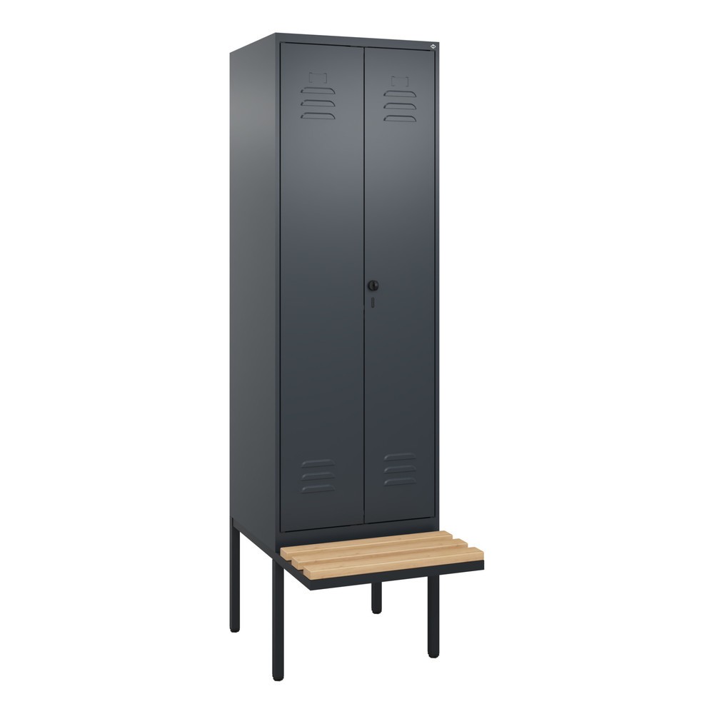Produktabbildung: C+P PSA Doppel-Spind Classic PLUS, 2 Abteile, HxBxT 2.120 x 600 x 815 mm, für Vorhängeschloss, auskragende Bank aus Buche, anthrazitgrau, anthrazitgrau