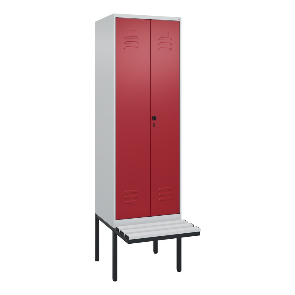 Produktabbildung: C+P PSA Doppel-Spind Classic PLUS, 2 Abteile, HxBxT 2.120 x 600 x 815 mm, für Vorhängeschloss, auskragende Bank aus Kunststoff, lichtgrau, rubinrot