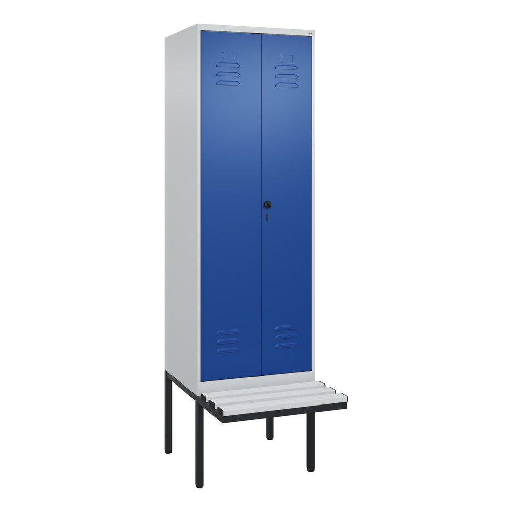 Produktabbildung: C+P PSA Doppel-Spind Classic PLUS, 2 Abteile, HxBxT 2.120 x 600 x 815 mm, für Vorhängeschloss, auskragende Bank aus Kunststoff, lichtgrau, enzianblau