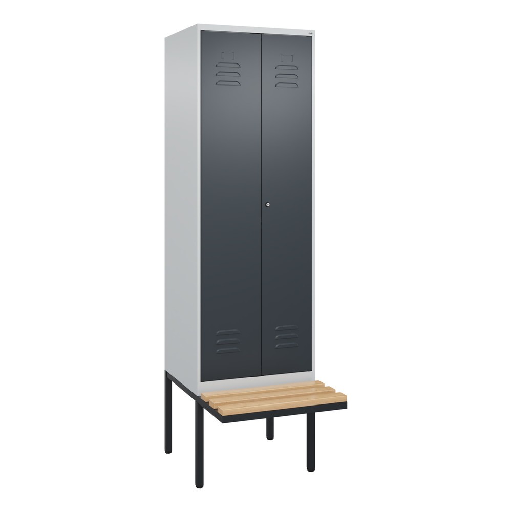 Produktabbildung: C+P PSA Doppel-Spind Classic PLUS, 2 Abteile, HxBxT 2.120 x 600 x 815 mm, Zylinderschloss, auskragende Bank aus Buche, lichtgrau, anthrazitgrau