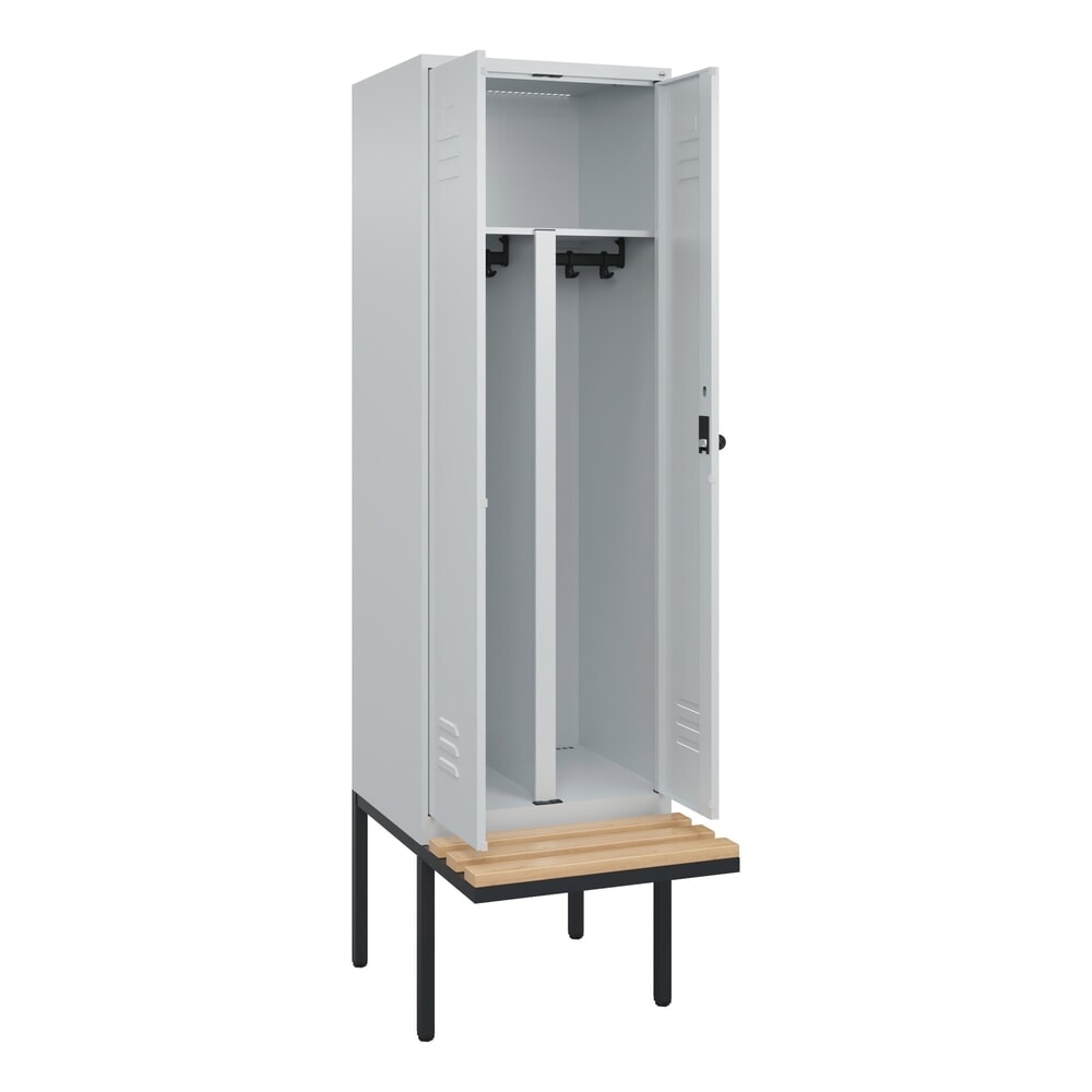 C+P PSA Doppel-Spind Classic PLUS, 2 Abteile, HxBxT 2.120 x 600 x 815 mm, für Vorhängeschloss, auskragende Bank aus Buche, lichtgrau, lichtgrau Produktabbildung: C+P PSA Doppel-Spind Classic PLUS, 2 Abteile, HxBxT 2.120 x 600 x 815 mm, für Vorhängeschloss, auskragende Bank aus Buche, lichtgrau, lichtgrau
