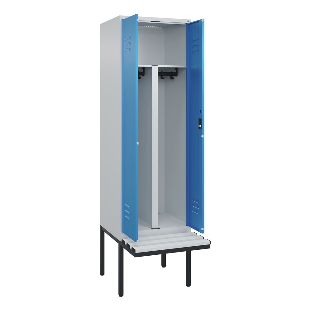 Produktabbildung: C+P PSA Doppel-Spind Classic PLUS, 2 Abteile, HxBxT 2.120 x 600 x 815 mm, Zylinderschloss, auskragende Bank aus Kunststoff, lichtgrau, lichtblau