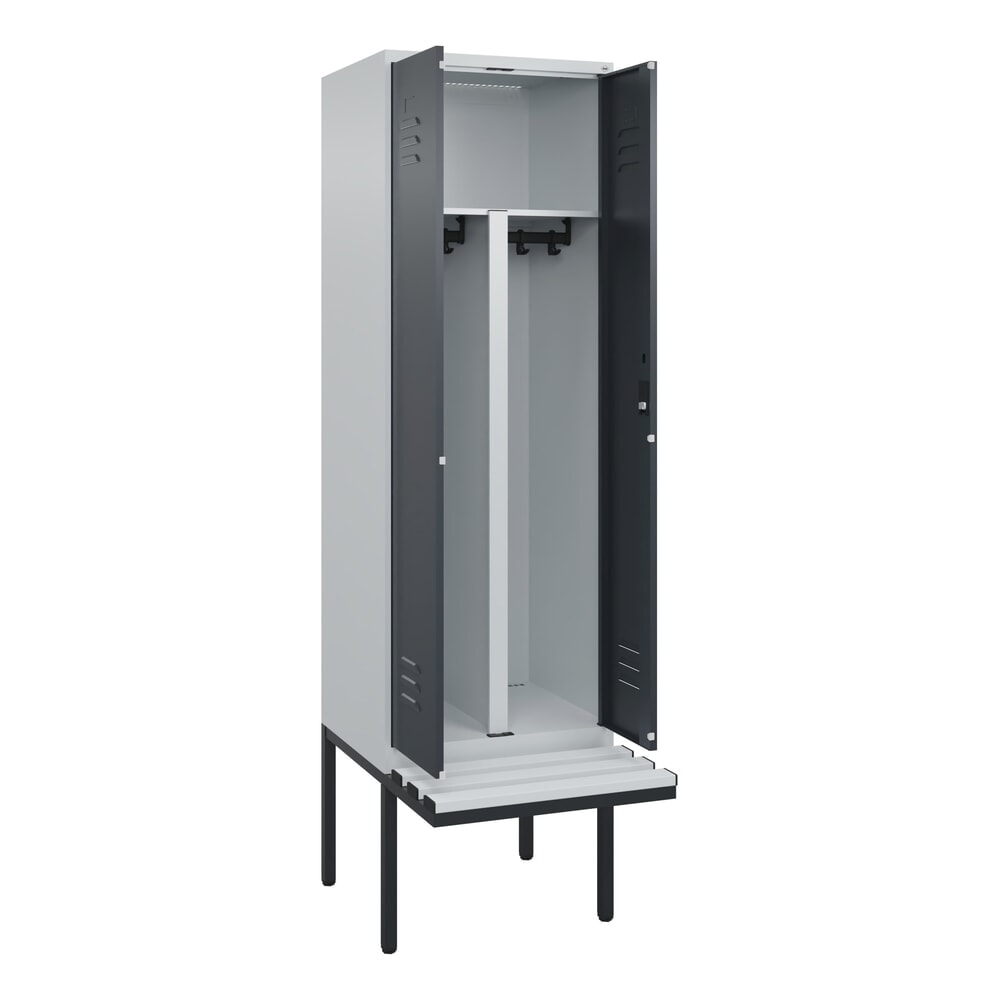 Produktabbildung: C+P PSA Doppel-Spind Classic PLUS, 2 Abteile, HxBxT 2.120 x 600 x 815 mm, Zylinderschloss, auskragende Bank aus Kunststoff, lichtgrau, anthrazitgrau