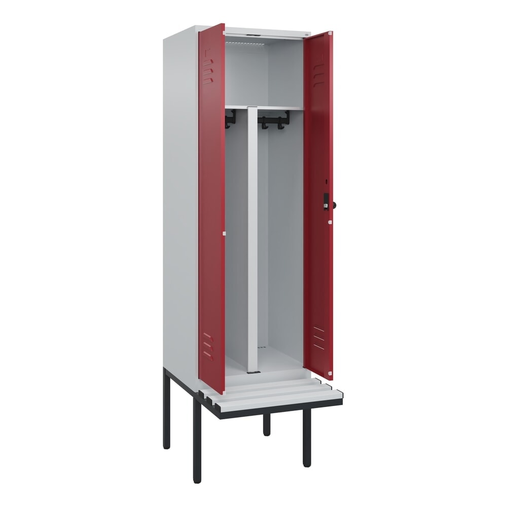 Produktabbildung: C+P PSA Doppel-Spind Classic PLUS, 2 Abteile, HxBxT 2.120 x 600 x 815 mm, für Vorhängeschloss, auskragende Bank aus Kunststoff, lichtgrau, rubinrot