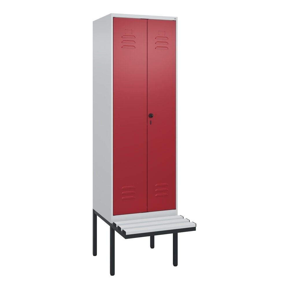 Produktabbildung Nr. 9: C+P PSA Doppel-Spind Classic PLUS, 2 Abteile, HxBxT 2.120 x 600 x 815 mm, für Vorhängeschloss, auskragende Bank aus Kunststoff, lichtgrau, rubinrot
