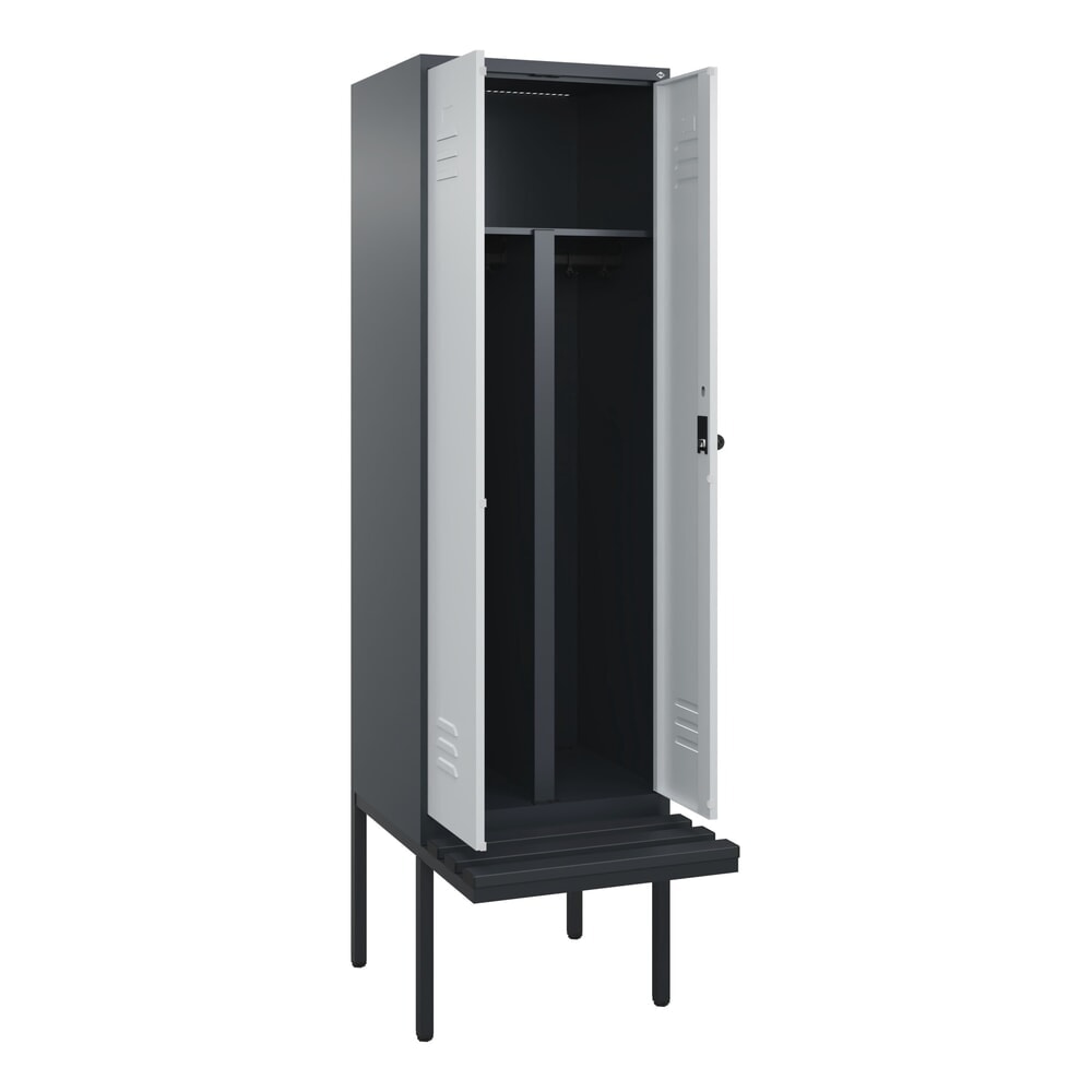 Produktabbildung: C+P PSA Doppel-Spind Classic PLUS, 2 Abteile, HxBxT 2.120 x 600 x 815 mm, für Vorhängeschloss, auskragende Bank aus Kunststoff, anthrazitgrau, lichtgrau