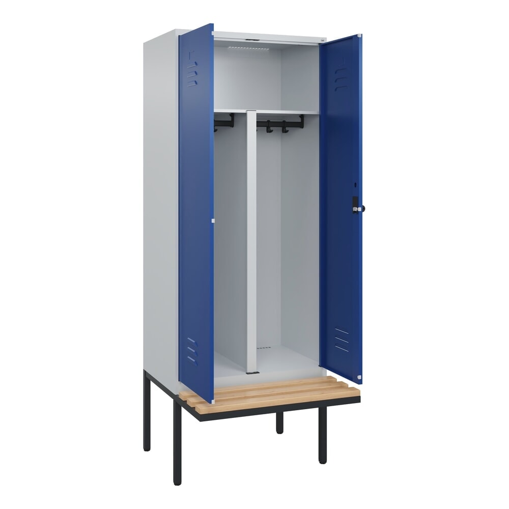 C+P PSA Doppel-Spind Classic PLUS, 2 Abteile, HxBxT 2.120 x 800 x 815 mm, für Vorhängeschloss, auskragende Bank aus Buche, lichtgrau, enzianblau Produktabbildung: C+P PSA Doppel-Spind Classic PLUS, 2 Abteile, HxBxT 2.120 x 800 x 815 mm, für Vorhängeschloss, auskragende Bank aus Buche, lichtgrau, enzianblau