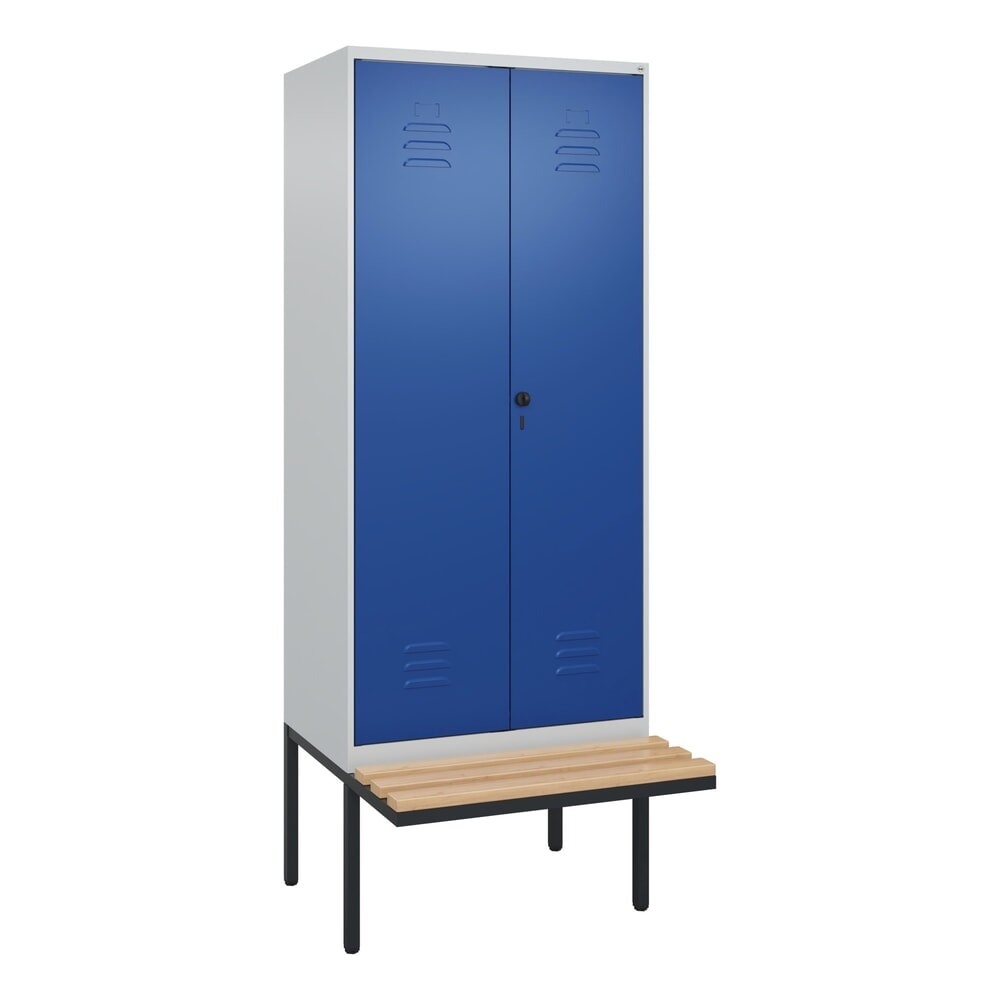 Produktabbildung Nr. 9: C+P PSA Doppel-Spind Classic PLUS, 2 Abteile, HxBxT 2.120 x 800 x 815 mm, für Vorhängeschloss, auskragende Bank aus Buche, lichtgrau, enzianblau