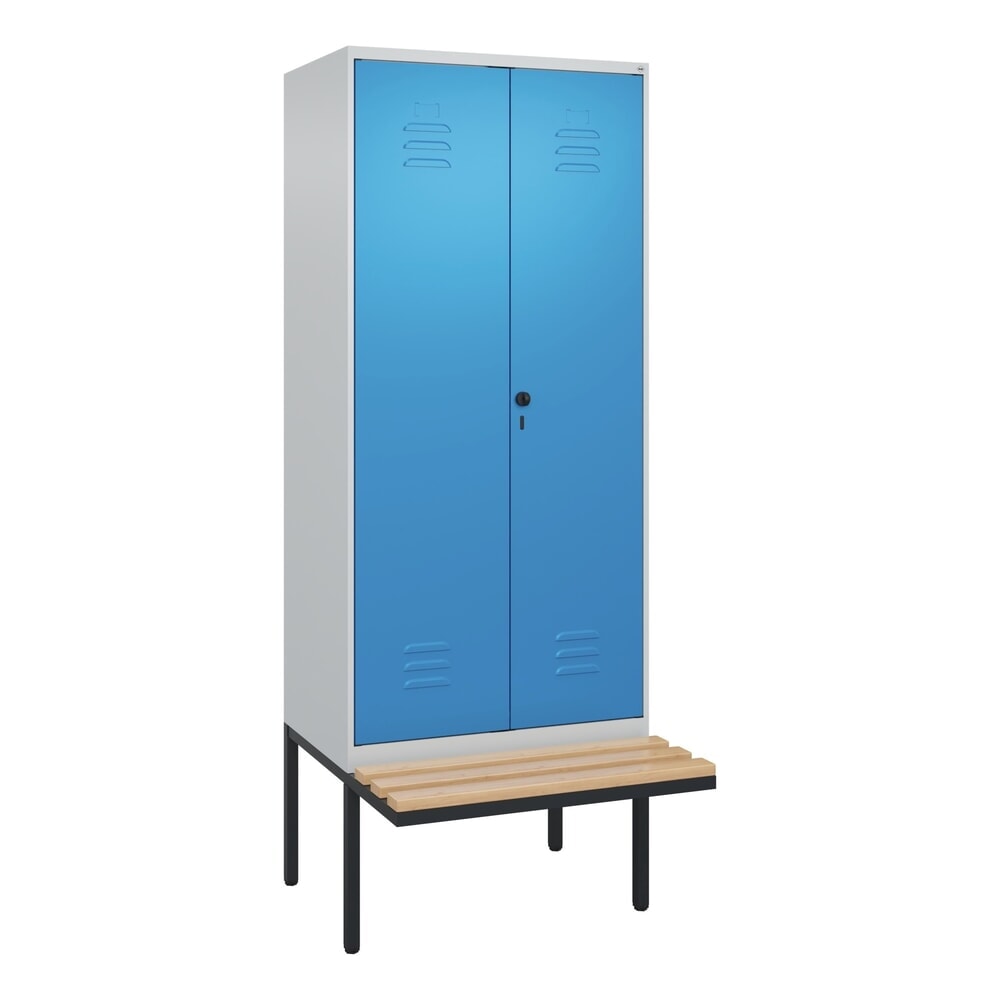Produktabbildung Nr. 9: C+P PSA Doppel-Spind Classic PLUS, 2 Abteile, HxBxT 2.120 x 800 x 815 mm, für Vorhängeschloss, auskragende Bank aus Buche, lichtgrau, lichtblau