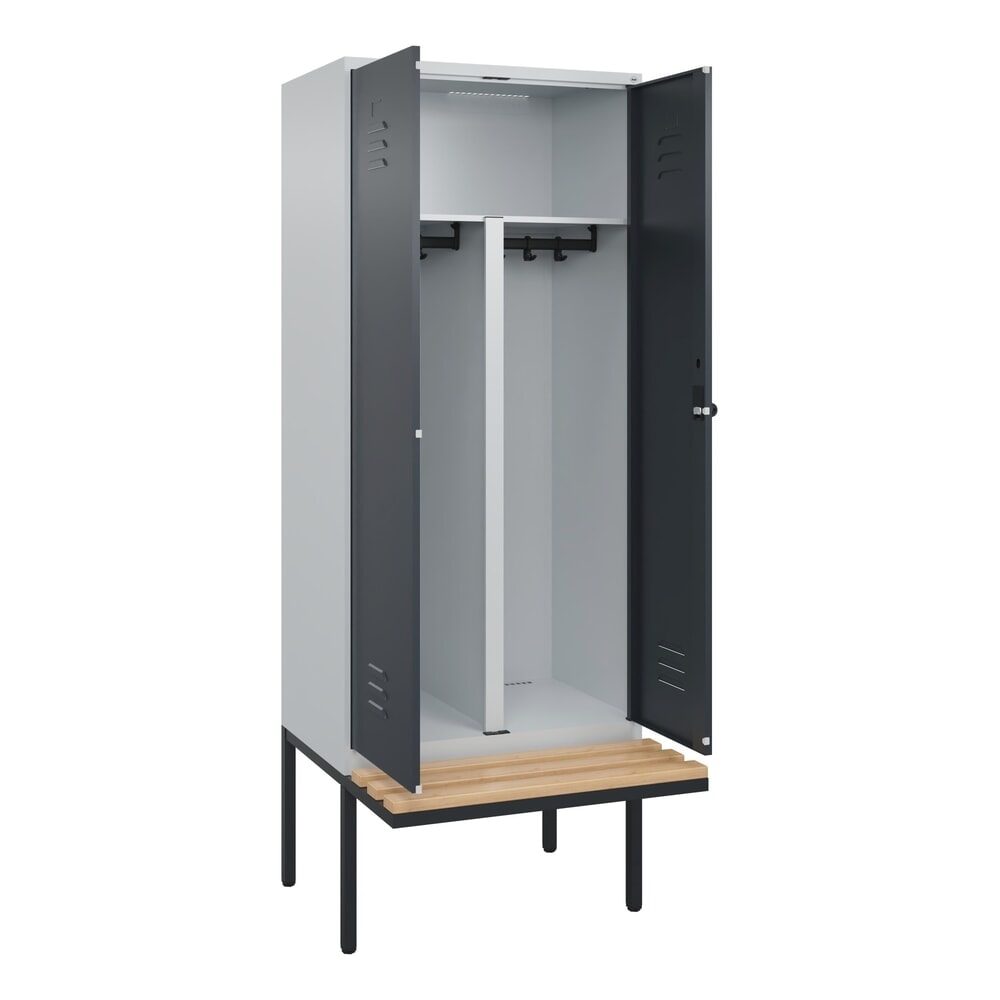 Produktabbildung: C+P PSA Doppel-Spind Classic PLUS, 2 Abteile, HxBxT 2.120 x 800 x 815 mm, für Vorhängeschloss, auskragende Bank aus Buche, lichtgrau, anthrazitgrau