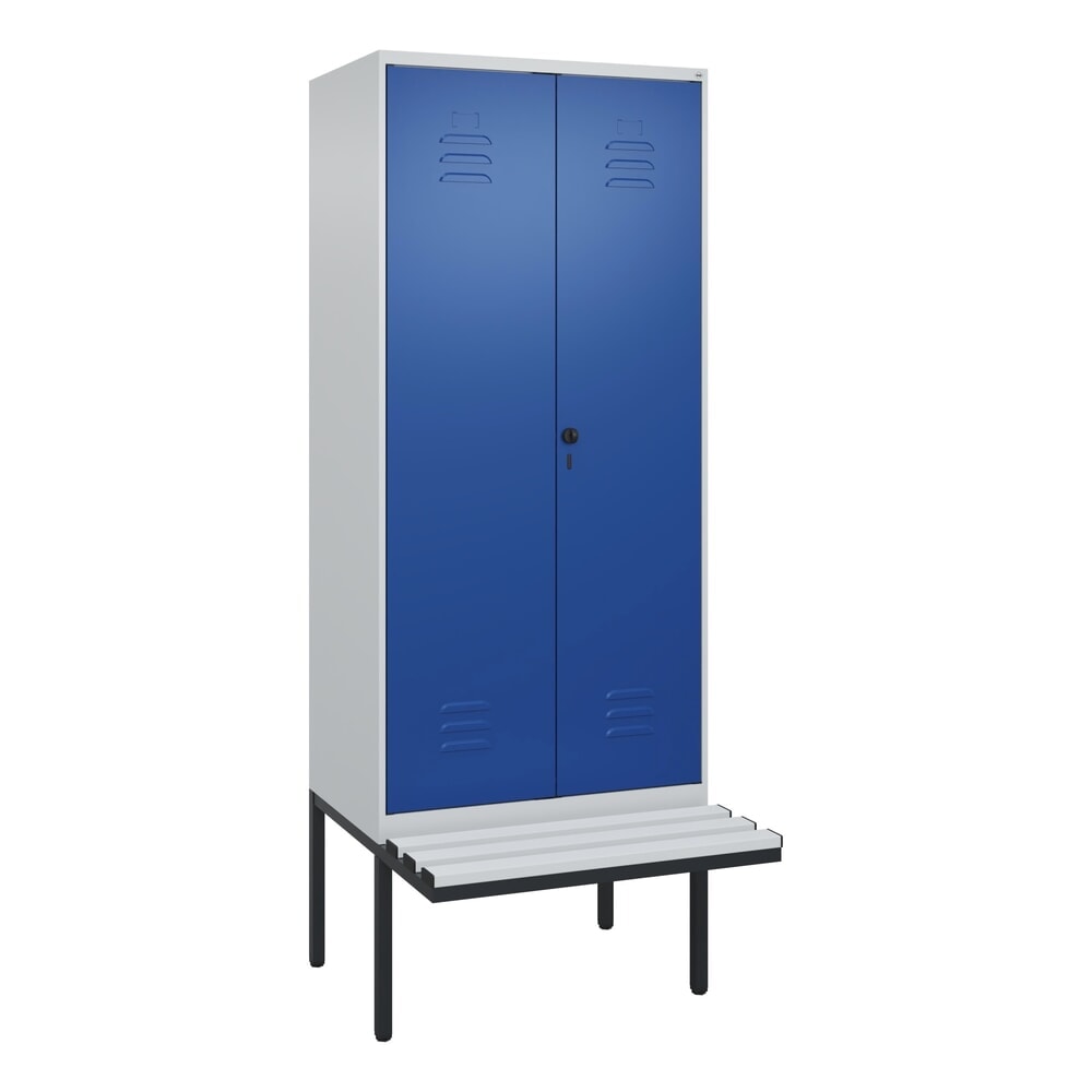 Produktabbildung Nr. 9: C+P PSA Doppel-Spind Classic PLUS, 2 Abteile, HxBxT 2.120 x 800 x 815 mm, für Vorhängeschloss, auskragende Bank aus Kunststoff, lichtgrau, enzianblau
