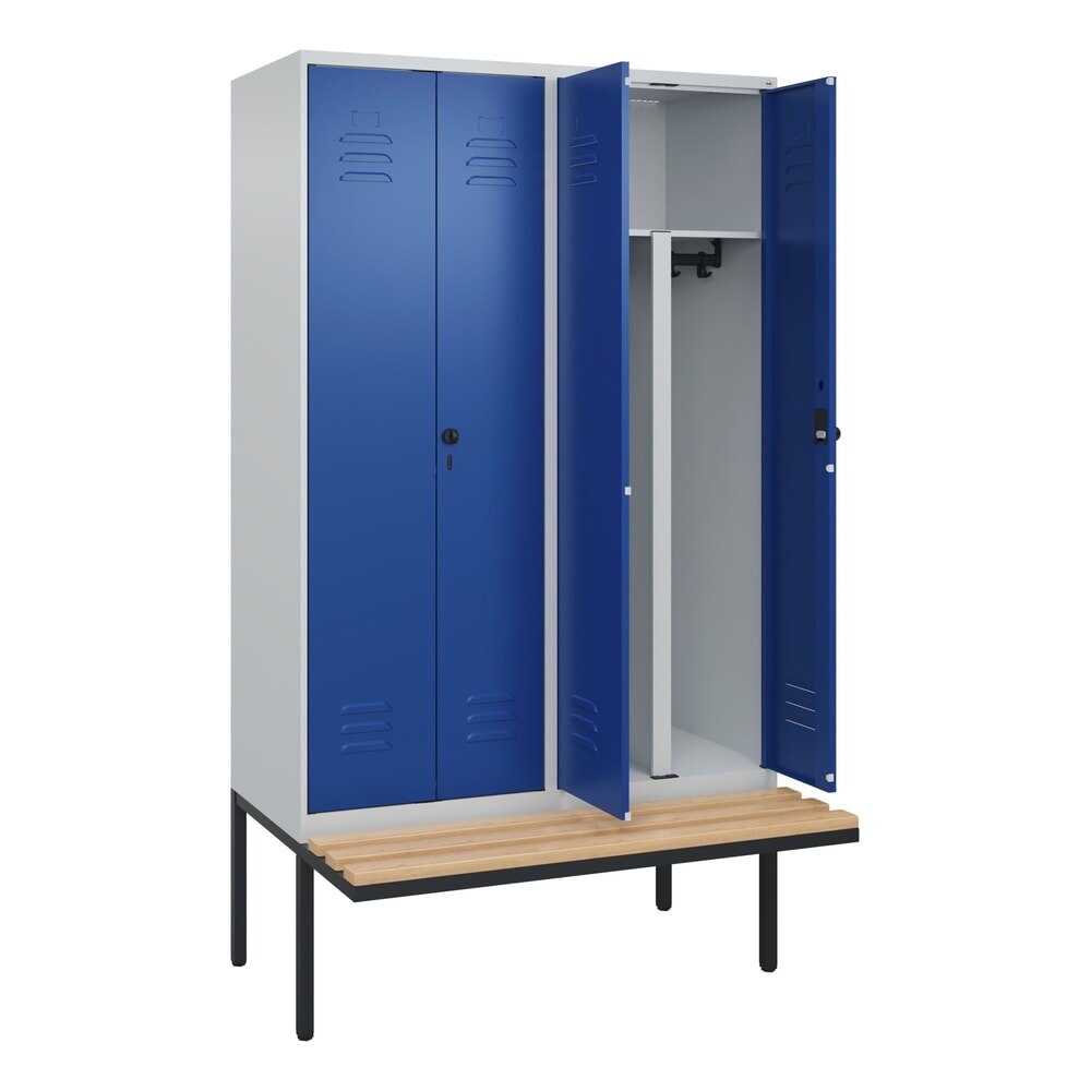 Produktabbildung: C+P PSA Doppel-Spind Classic PLUS, 4 Abteile, HxBxT 2.120 x 1.200 x 815 mm, für Vorhängeschloss, auskragende Bank aus Buche, lichtgrau, enzianblau