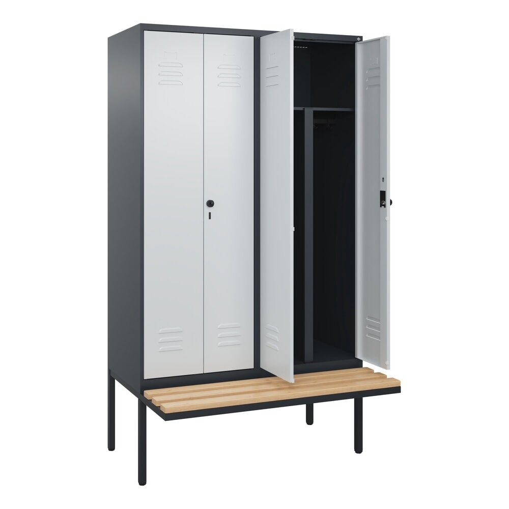 Produktabbildung Nr. 1: C+P PSA Doppel-Spind Classic PLUS, 4 Abteile, HxBxT 2.120 x 1.200 x 815 mm, für Vorhängeschloss, auskragende Bank aus Buche, anthrazitgrau, lichtgrau