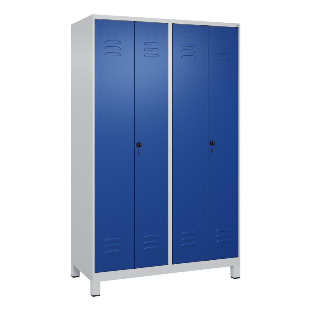 Produktabbildung: C+P PSA Doppel-Spind Classic PLUS, Füße, 4 Abteile, HxBxT 1.950 x 1.200 x 500 mm, lichtgrau, enzianblau, für Vorhängeschloss