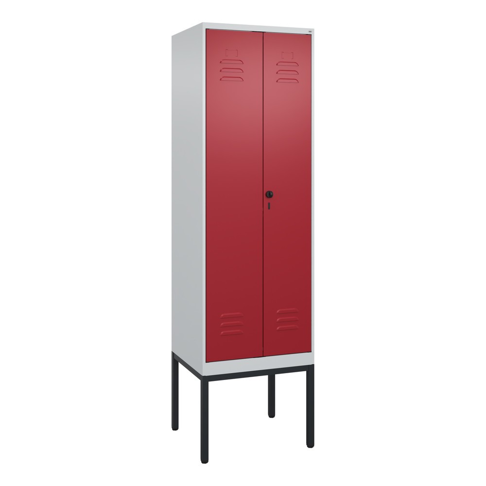 Produktabbildung: C+P PSA Doppel-Spind Classic PLUS, Gestell, 2 Abteile, HxBxT 2.120 x 600 x 500 mm, lichtgrau, rubinrot, für Vorhängeschloss