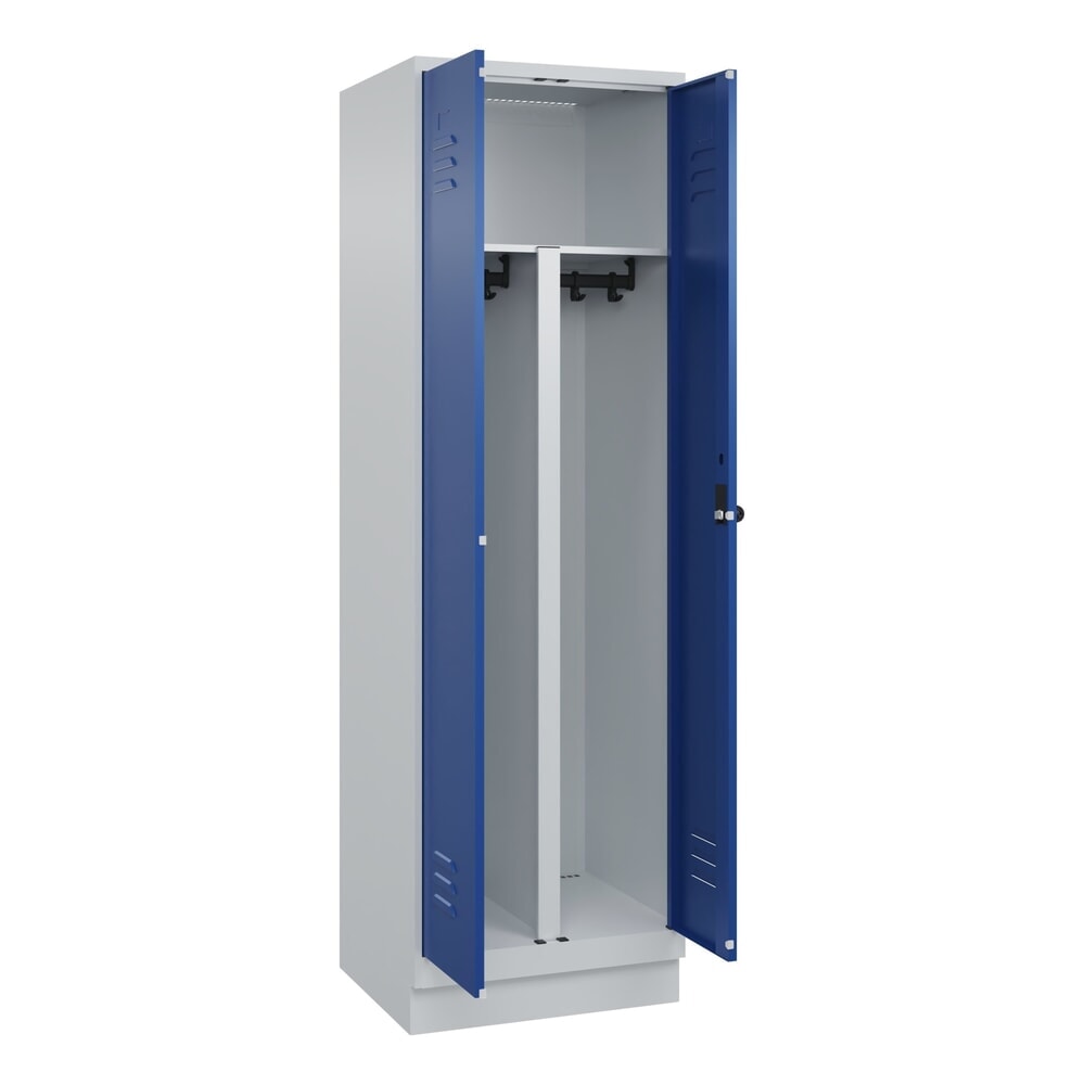 Produktabbildung: C+P PSA Doppel-Spind Classic PLUS, Sockel, 2 Abteile, HxBxT 1.950 x 600 x 500 mm, lichtgrau, enzianblau, für Vorhängeschloss