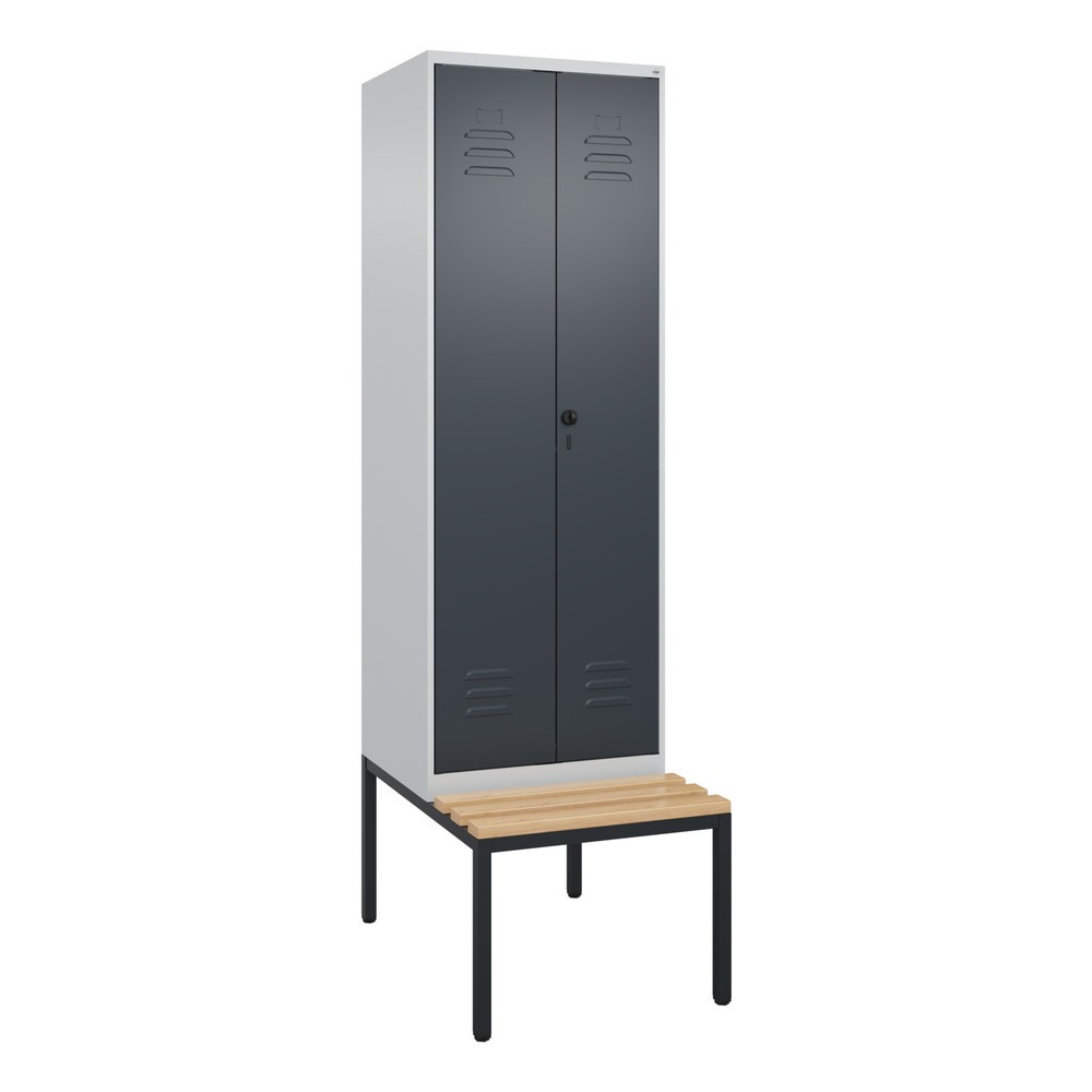Produktabbildung: C+P PSA Doppel-Spind Classic PLUS, 2 Abteile, HxBxT 2.120 x 600 x 815 mm, für Vorhängeschloss, untergebaute Bank aus Buche, lichtgrau, anthrazitgrau