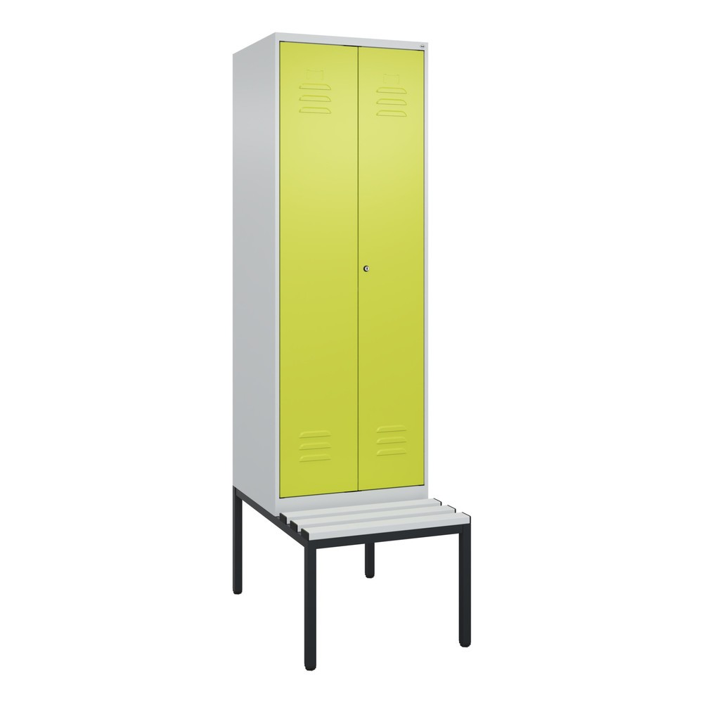 Produktabbildung: C+P PSA Doppel-Spind Classic PLUS, 2 Abteile, HxBxT 2.120 x 600 x 815 mm, Zylinderschloss, untergebaute Bank aus Kunststoff, lichtgrau, clowngrün