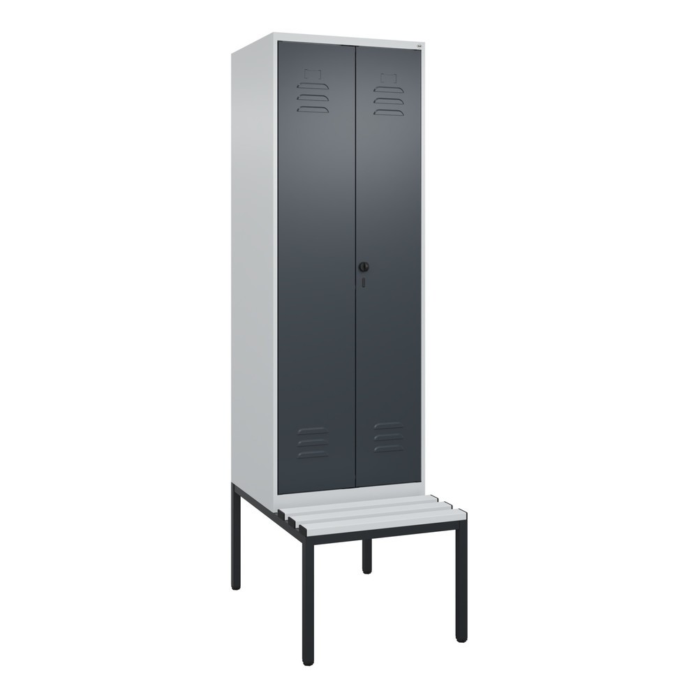 Produktabbildung: C+P PSA Doppel-Spind Classic PLUS, 2 Abteile, HxBxT 2.120 x 600 x 815 mm, für Vorhängeschloss, untergebaute Bank aus Kunststoff, lichtgrau, anthrazitgrau