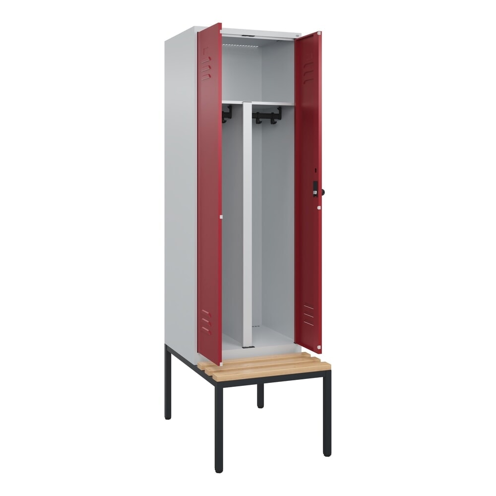 Produktabbildung: C+P PSA Doppel-Spind Classic PLUS, 2 Abteile, HxBxT 2.120 x 600 x 815 mm, für Vorhängeschloss, untergebaute Bank aus Buche, lichtgrau, rubinrot